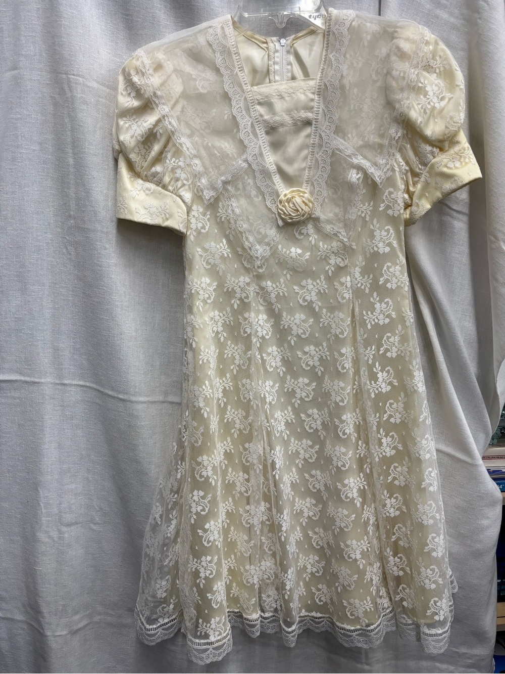 Jessica McClintock Cream Lace Overlay Dress with Rosette